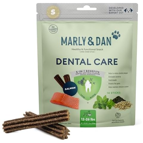 Marly & Dan Dental Care Chew Sticks, 5-in-1 Benefits for Dental and Immune System Health, Salmon, Peppermint & Green Tea, Chew Treats for Dogs (Dogs 12-26lbs) Cover
