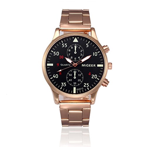 Goodsatar Moda Hombre Cristal Acero Inoxidable Cuarzo analógico Reloj de Pulsera (Oro 3)