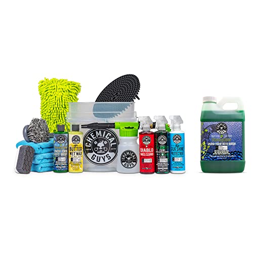 Chemical Guys CWS_110_64CW 14-Piece Arsenal Builder Car Wash Kit W/Foam Gun, Bucket and (5) 16 oz Car Care Cleaning Chemicals (Works w/Garden Hose) with Honeydew Snow Foam Car Wash Soap, 64 oz