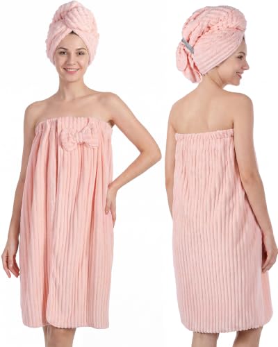 Jiuguva Women Adjustable Bath Towel Wrap with Large Hair Towel, Pink