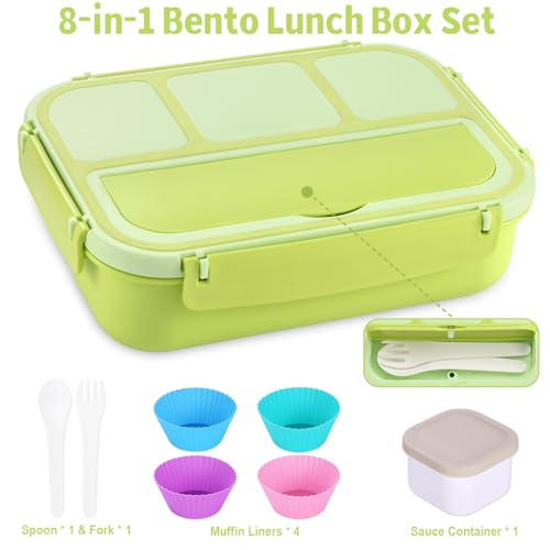 Image of shell and turtle Bento Box Adult Lunch Box, Lunch Containers for Kids Girls Boys with 4 Compartments, Lunchable Food Container with Utensils, Sauce Jar, Muffin Liners, 40 Oz /5 Cup, Bright Green
