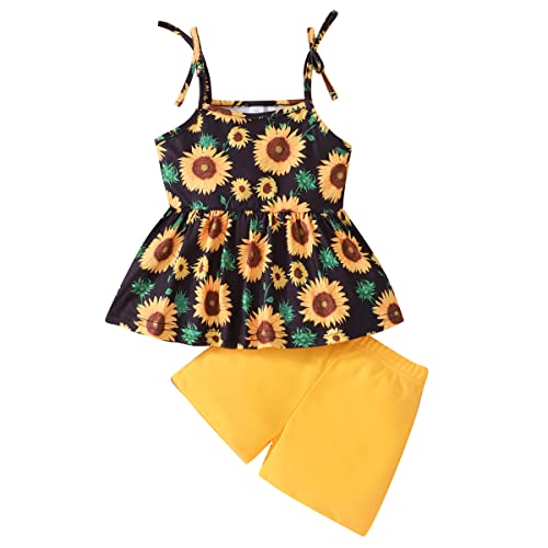 Image of Toddler Girls Summer Clothes Outfits Bow Shoulder Sleeveless Sunflower Shirt Tops and Shorts 2 Piece Sets