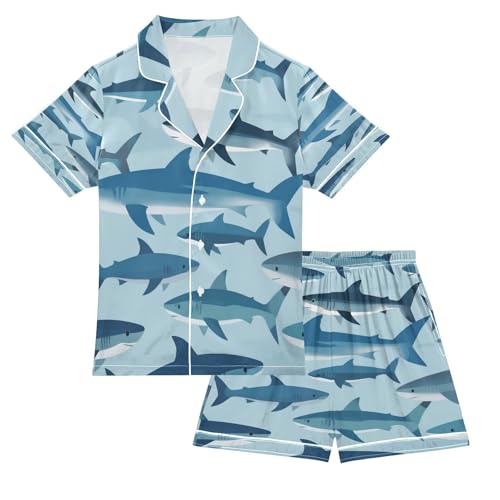 Satin Pajama Sets Short Sleeve Shark Pattern Print on Fabric Button Down Silky Nightwear 2 Piece PJS 5-14Y