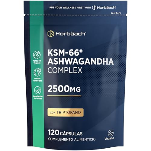 Ashwagandha KSM-66 Cápsulas Complex con Pimienta Negra| 2000mg Ashwagandha por cápsula | 120 Cápsulas Veganas| con L-Triptófano, Camomila, Extracto de Bálsamo de Limón y más! | de Horbaach