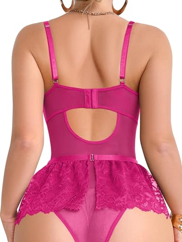Image of Foxiny Sexy Lingerie Set 3 Piece Women Corset Bodysuit | Sheer Mesh Lace Push-Up Underwire Heart Garter Stocking Plus Size Curvy Exotic Costume Halloween Christmas Valentine's Day