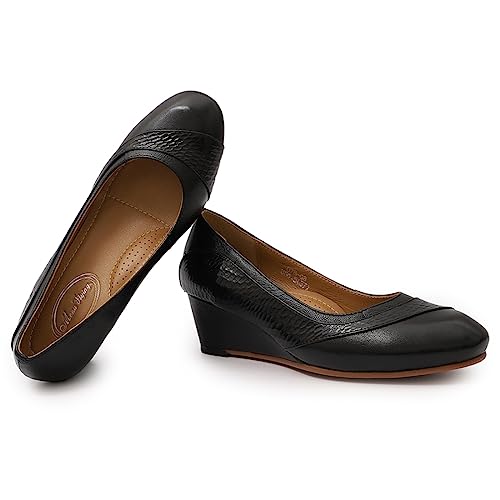 Image of Mona flying Women's Leather Closed Toe Mid Heel Wedges Comfy Dress Pumps