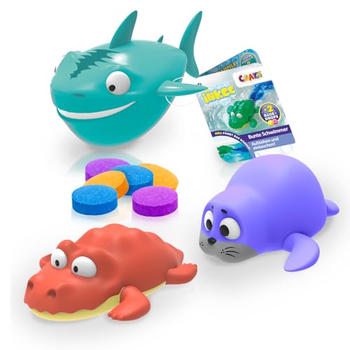 INKEE Toys Wind-Up Drop Coral – 3er Set Badewannen Spielzeug mit Hai, Krokodil & Robbe - Aufzieh Wasserspielzeug Kinder mit Bade Drops , Bunte Badetiere für Kinder Badewanne