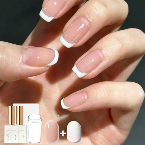 French Manicure Kit - French Tip Stamp Pink & White Gel Nail Polish Gel Nail Kit Nail Art Tools, Nail Stamper French Manicure Nude White Jelly Nail Polish French Nails Nail Accessories Set for Women - Image 5