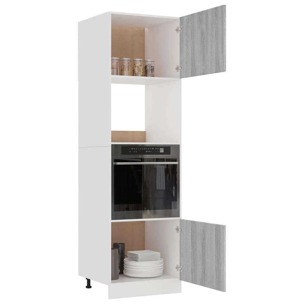 Mobile da forno a microonde Lyon, grigio Sonoma, in legno Sonoma, 60 x 57 x 207 cm, con vano portaoggetti e porta flessibile, per cucina, sala da pranzo, corridoio, ordine e ripiano