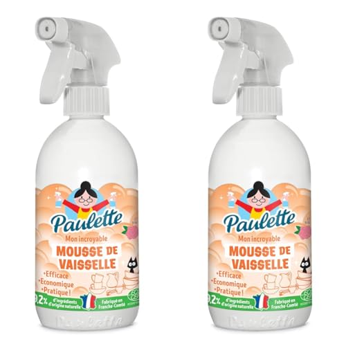 Paulette - Mousse de Vaisselle Rose - Liquide Vaisselle en Spray Ecocert - Fabriqué en France - 500 ml (Lot de 2)