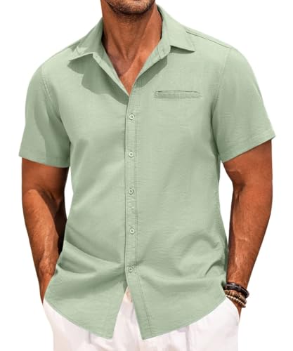 PORCLAY Short Sleeve Shirts for Men Summer Casual Button Down V Neck Tops Collared Solid Beach Blouses