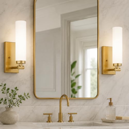 Image of Emak Brushed Gold Wall Sconce, Modern Bathroom Vanity Sconces Wall Light Fixtures with Milk Glass Shade for Bathroom, Mirror, Living Room, Bedroom, Gallery, WS086-BGD-ML-2PK