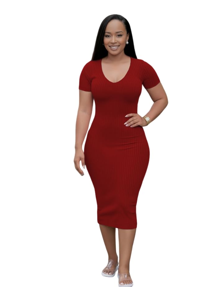 Image of TOPSRANI Women Sexy Midi Dress Bodycon Casual Sleeveless Basic Ruched Tank Summer Club Party Dresses