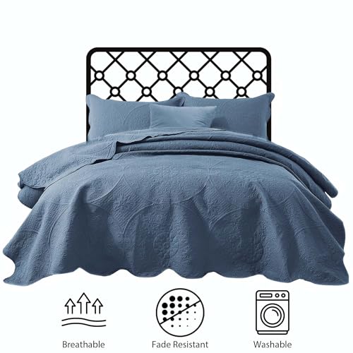 IR Imperial Rooms Queen Quilt Bedding Set Size (90" x 96") + 2 Pillow Shams (20" x 26"+ 2") - 3 Pcs All Season Lightweight Reversible Microfiber Coverlet Floral Embossed Quilt Bedspread (Light Blue)
