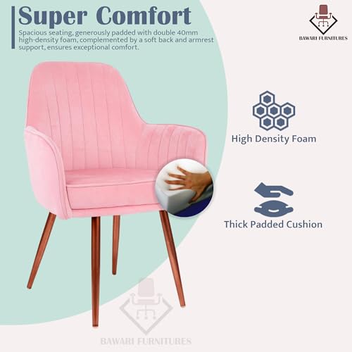 Image of Plush Dining Chair | Accent Chair for Living Room Bedroom Restuarant | Velvet Fabric & Thick Cushion Seat with Sturdy Glossy Metal Legs (Bronze Legs, Baby Pink)