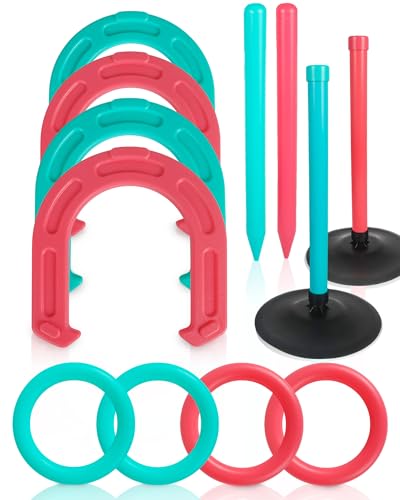 Giant Horseshoe Game Set for Adults and Family 10 Oversized Lawn Toss Game with Jumbo Horseshoes Rings Stakes & Stands Large Outdoor Yard Game for Backyard Beach Camping Party Fun
