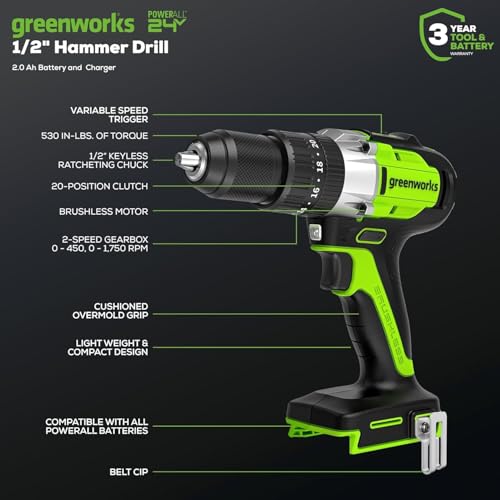 Image of Greenworks 24V Brushless 2PCS Cordless Power Tool Combo Kit, 1950 in-lbs Impact Driver and 530 in-lbs Hammer Drill, with a 2Ah Battery and 2A Fast charger