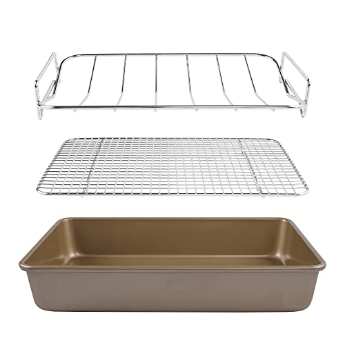 Bakeware Nonstick Carbon Steel Roaster with Flat Rack and V-Rack, 0.8MM Thickness Textured Base, Champagne Gold