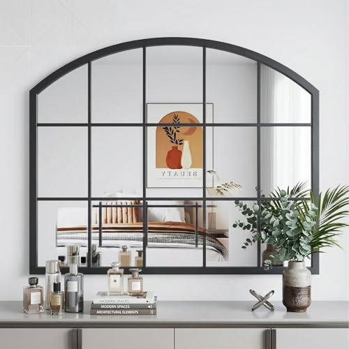 Image of Uniclinens Arched Window Wall Mirror - Black Window Pane Mirror Decor with Metal Frame, Grid Wide Arch Mirror Farmhouse Ideal Decor for Entryway, Living Room,Buffet Table, Hallway, Fireplace, 32 inchX24 inch