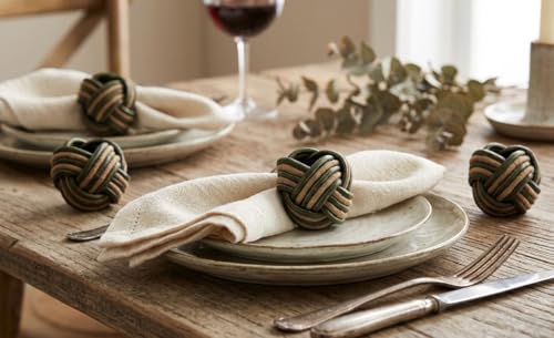 Image of Seed Bead Handmade Napkin Ring Holder Set (Green and Brown) -Pack of 4
