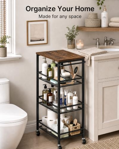 Pipishell Laundry Storage Cart with Wheels, Handle & Wood Top, Metal 4 Tier - image 5