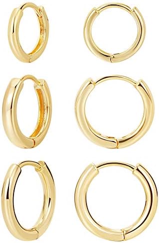 3 pairs 14K Gold Plated Huggie Hoop Earrings, Minimalist Gold, Simple 3 sizes Earrings for Women Men gift