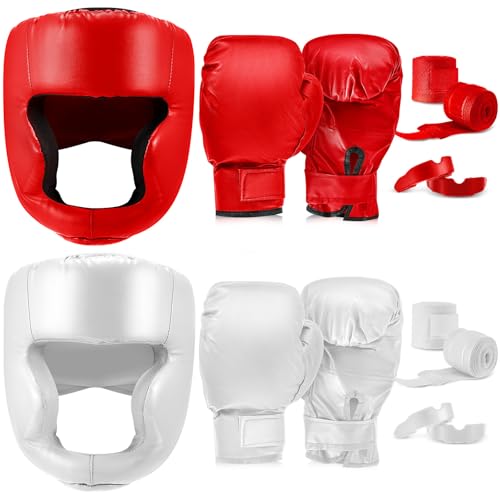 Kanayu 14 Pcs Boxing Gloves and Headgear Set for Beginners Youth 16 Ounce Boxing Gloves Headgear Helmet Hand Wraps Mouth Guards Equipment for Beginners Training Equipment Gifts(White, Red)