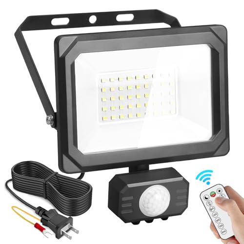 Akitoe LEDセンサーライト 屋内/屋外使用可 人感センサー LED投光器 30W 昼白色 6500K 2Pプラグ フラッドライト 100V リモコン操作 自動点灯/消灯 超高輝度 IP65防水仕様 爆光 防犯ライト ガレージ 庭 玄関 倉庫 駐車場 3Mコード コンセント付き