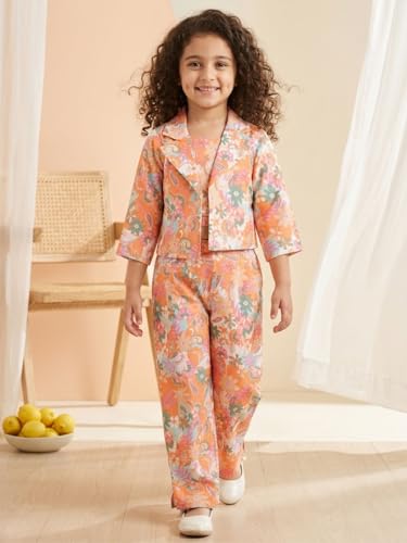 Image of AJ DEZINES Kids Casual Wear Printed Cotton Top Pant and Jacket Clothing Set for Girls