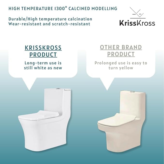 Image of KrissKross Premium One Piece Ceramic Western Floor Mounted Western Toilet /Commode /European Commode Square With Soft Close Seat Cover For Toilets S-Trap Outlet Is From Floor- White Color