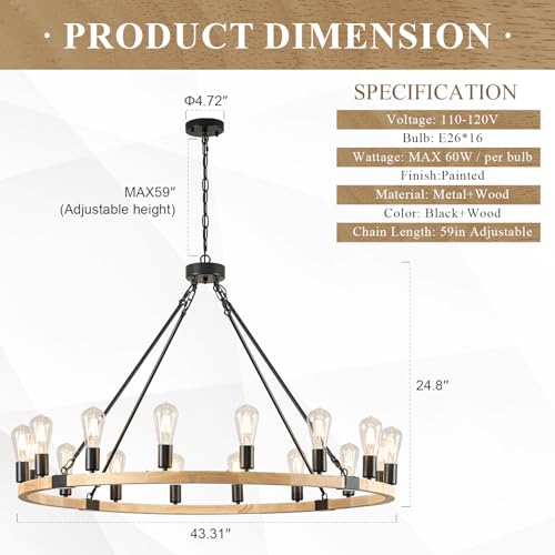 Image of Natural Wooden Wagon Wheel Chandelier 16-Light 43.3 inch Light Fixture