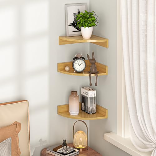 Image of Fun Memories Corner Shelf Wall Mount, Wood Floating Corner Shelves, Corner Wall Shelf for Bedroom, Bathroom, Kitchen, Living Room (Oak, 3 Pack)