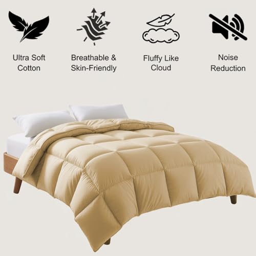 Image of Full Size Comforter Set - All Season Down Alternative Bedding Comforter Set - Quilted Duvet Insert with Corner Tabs - Box Stitched Blanket - Breathable, Soft - Beige