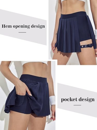 BZB Pleated Skirts for Women High Waisted Tennis Skirts Adjustable Buckle Athletic Skorts Skirts with Pocket Navy Blue — view 4