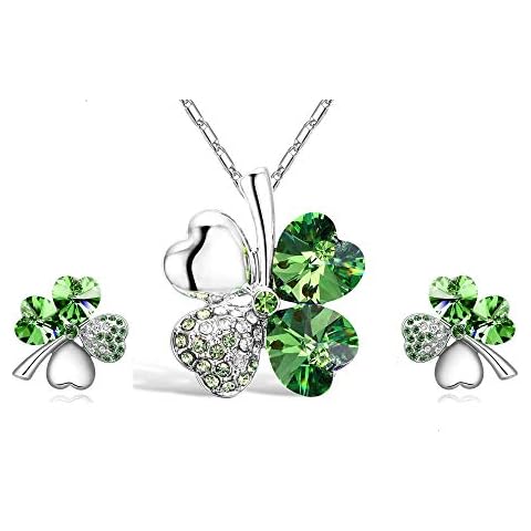 Four Leaf Clover Necklace - Green St.Patrick's Day Shamrock Jewelry - Good Luck - Green Clover Necklace, Earrings, Bracelet, Brooch - Crystals and Rhinestones - Mall of Style green Cover