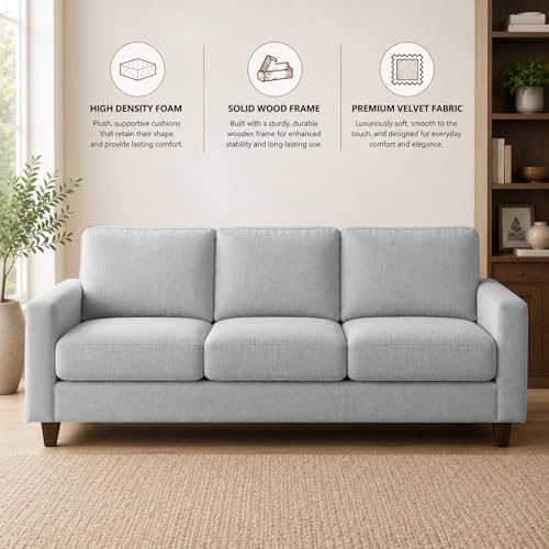 Image of Casaliving Gladino Modern Velvet Fabric Sofa, Tufted Design Upholstered 3 Seater Sofa Set for Living Room, Premium Velvet Fabric Sofa (Grey)