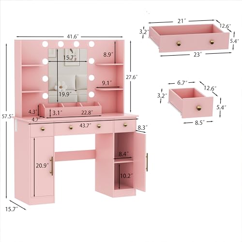 Image of HUANLEGO Vanity Desk with Mirror and Lights, Makeup Vanity with Mirror and LED Lights & Power Outlet, 3 Drawers and Cabinets, 3 Lighting Modes Dressing Table Set for Girls Women Bedroom,Pink