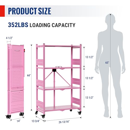 Image of WORKPRO 4-Tier Folding Shelf, No-Assembly Metal Storage Rack with Wheels, 600 lbs Capacity (with Leveling Feet), Collapsible Shelving Unit for Kitchen, Pantry, Closet & Craft Shows - Pink