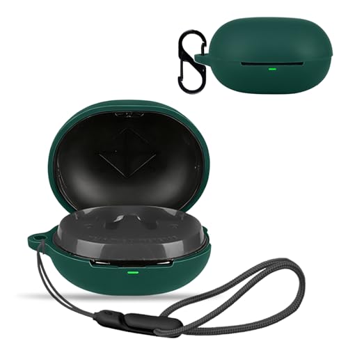 For SOUNDPEATS C30 用 ケース カバー 【NOUKAJU】 ワイヤレス イヤーホン シリコン 保護ケース (カラビナ付き+ストラップ付き ) 落下防止 キズ防止 耐衝撃 装着充電可能 防水 防塵 (濃い緑色)