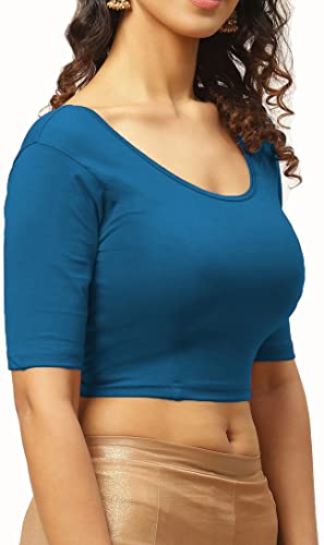 Image of THE BLAZZE 1303 Women's Cotton Scoop Neck Backless Elbow Sleeve Crop Top Readymade Saree Blouse for Women