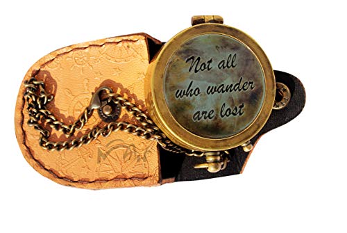 MAH Not All Who Wander are Lost Engraved Brass Compass with Leather Case, Pirates Compass, Magnetic Navigational Instrument. C-3271