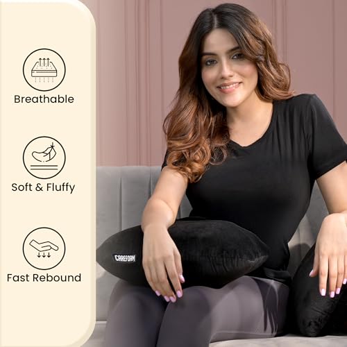 Image of CareFoam Memory Foam Square Cushion for Car, Sofa /Diwan, Bed, Chair & Decoration | Highly Durable, Hypoallergenic | 14 inchx 14 inch x 4 inch | Velvet Cover | Black, Pack of 5