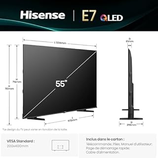 Hisense Smart TV 55 Pouces 55E7Q QLED 4K UHD Téléviseur, Dolby Vision Atmos, Mode Sport IA MEMC, HDR, VIDAA avec Youtube, Netflix, Disney+, Canal +, Commande vocale Alexa