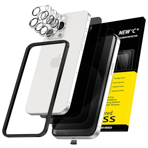 NEWC 3x Privacy for iPhone 15 Pro Max Screen Protector (6.7 inches)+ 3x Camera Lens Protector Sensor Protection Case Friendly Tempered Glass Film + Dust Plug - Easy installation tool included