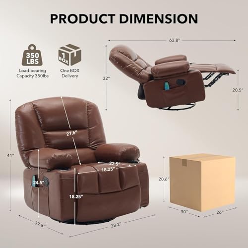 Image of Oversized Manual Swivel Recliner Chair for Adults, 360 Swivel Rocker Glider with Vibration Massage & Heat, Extra Wide Chenille Fabric Lazy Chair for Living Room Bedroom, Brown PU