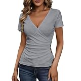 Damen T-Shirt Sommer Bluse Tshirt Wickeloptik V-Ausschnitt Knöpfe Lochstickerei Kurzarm Slim Fit Sexy Oberteile Casual Modern Elegant Atmungsaktiv Weich Bequem Frauen Mode Trendy Schick Alltag Style