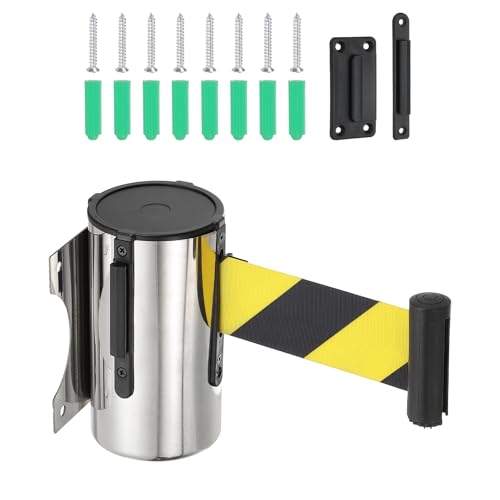Image of PATIKIL Fixed Wall Mount Retractable Belt Barrier, 16.4 Feet Fixed Retractable Belt Barrier with Steel Case for Crowd Control Grocery Retail Store Stadium, Silver Tone/Black/Yellow