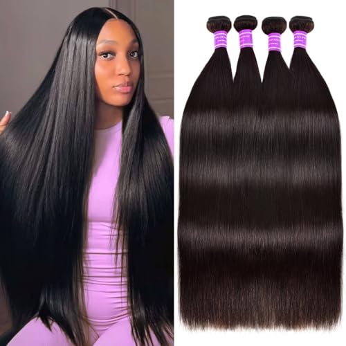 fphko Straight Bundles Human Hair 24 26 28 30 Inch 4 Bundles Straight Hair 10A Double Weft Hair Extensions for Black Women 100% Unprocessed Virgin Human Hair Weave Natural Black
