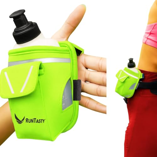 2-in-1 Running Fun Green Handheld 12 Oz Water Bottle & Belt Add-on Strap to Hand or Slide on Belt Waterproof Pocket for Money Key ID Maximize Your Time Freedom & Health