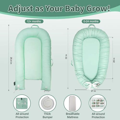 Image of Infant Support Cushions | Baby Lounger | Cotton Infant Lounger | Reversible Adjustable Portable Floor Lounger | Supervised Awake Only No Sleeping | Soft Breathable Washable Cover (Green)